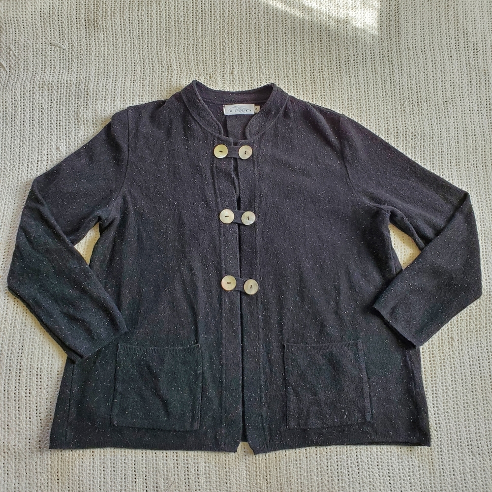 Anthropologie Willow Small Black White Speckled Cardigan Sweater Big Buttons